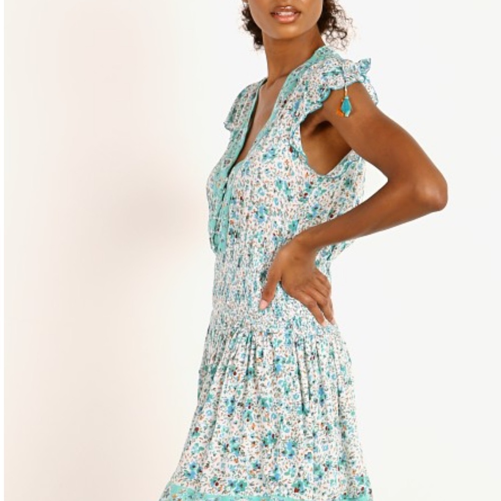 Poupette St. Barth Teal and White Floral Ruffle Midi Dress